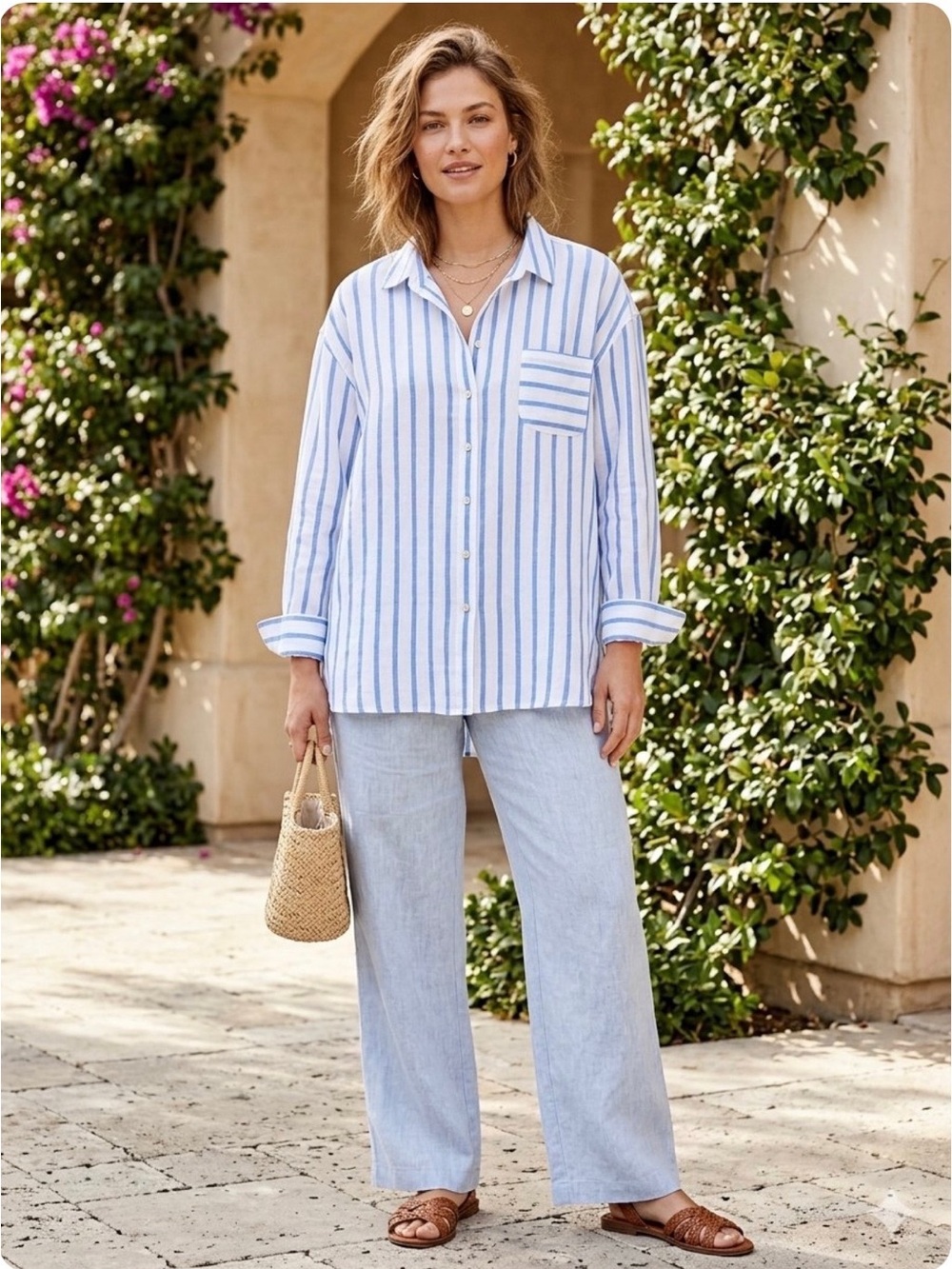 J Jill Love Linen Shirt Women Sz XLP 100% Linen Tunic Button Down Blue Striped
